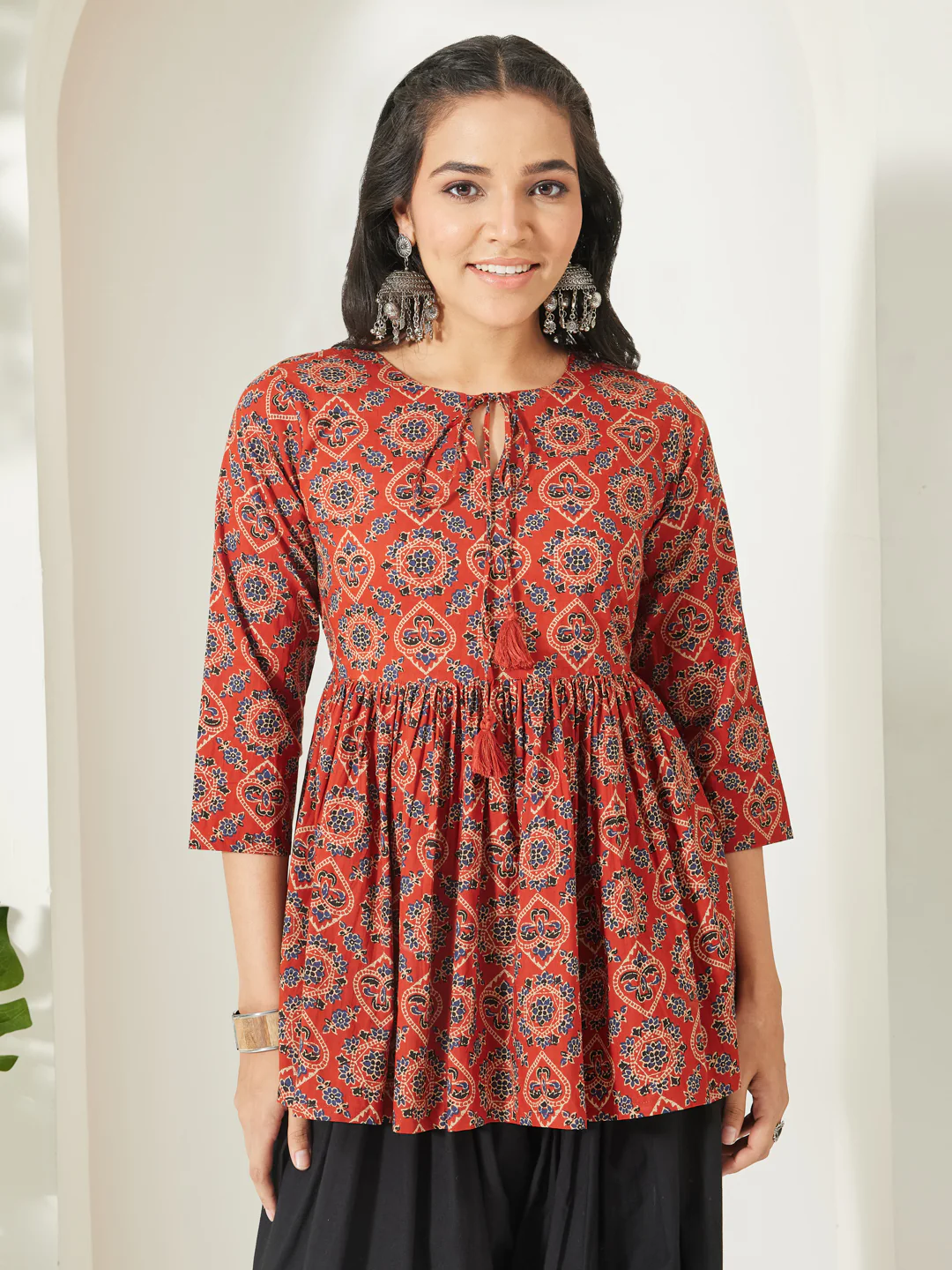 Janasya Women's Rust Pure Cotton Ajrakh Printed Peplum Top
