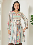 Janasya Women's Cream Pure Cotton Floral Printed A-Line Tunic