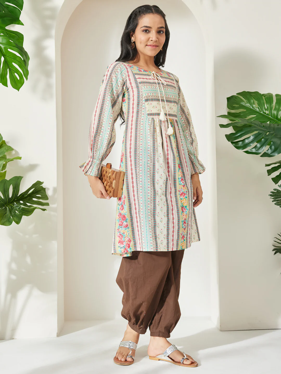 Janasya Women's Cream Pure Cotton Floral Printed A-Line Tunic