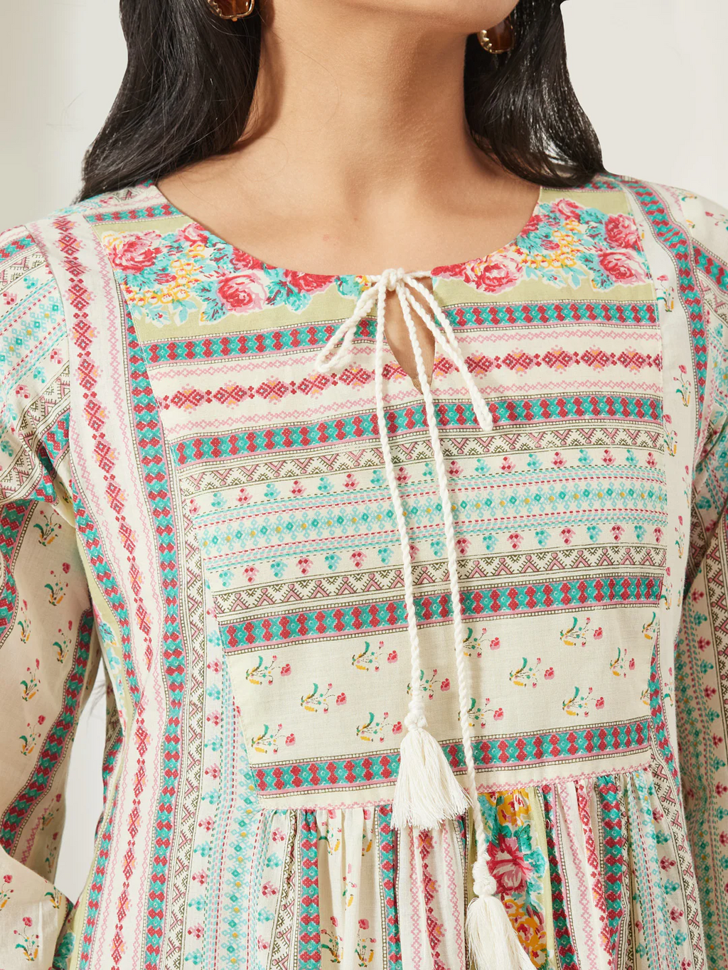 Janasya Women's Cream Pure Cotton Floral Printed A-Line Tunic