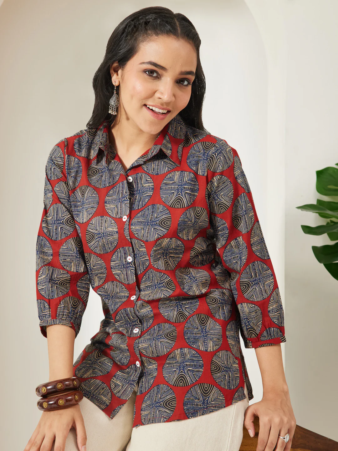 Janasya Women's Rust Pure Cotton Geometric Printed Shirt Style Top