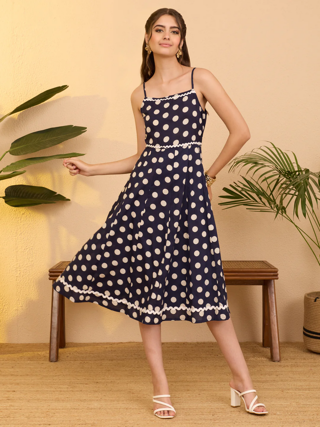 Janasya Women's Navy Blue Pure Cotton Polka Printed A-line Dress