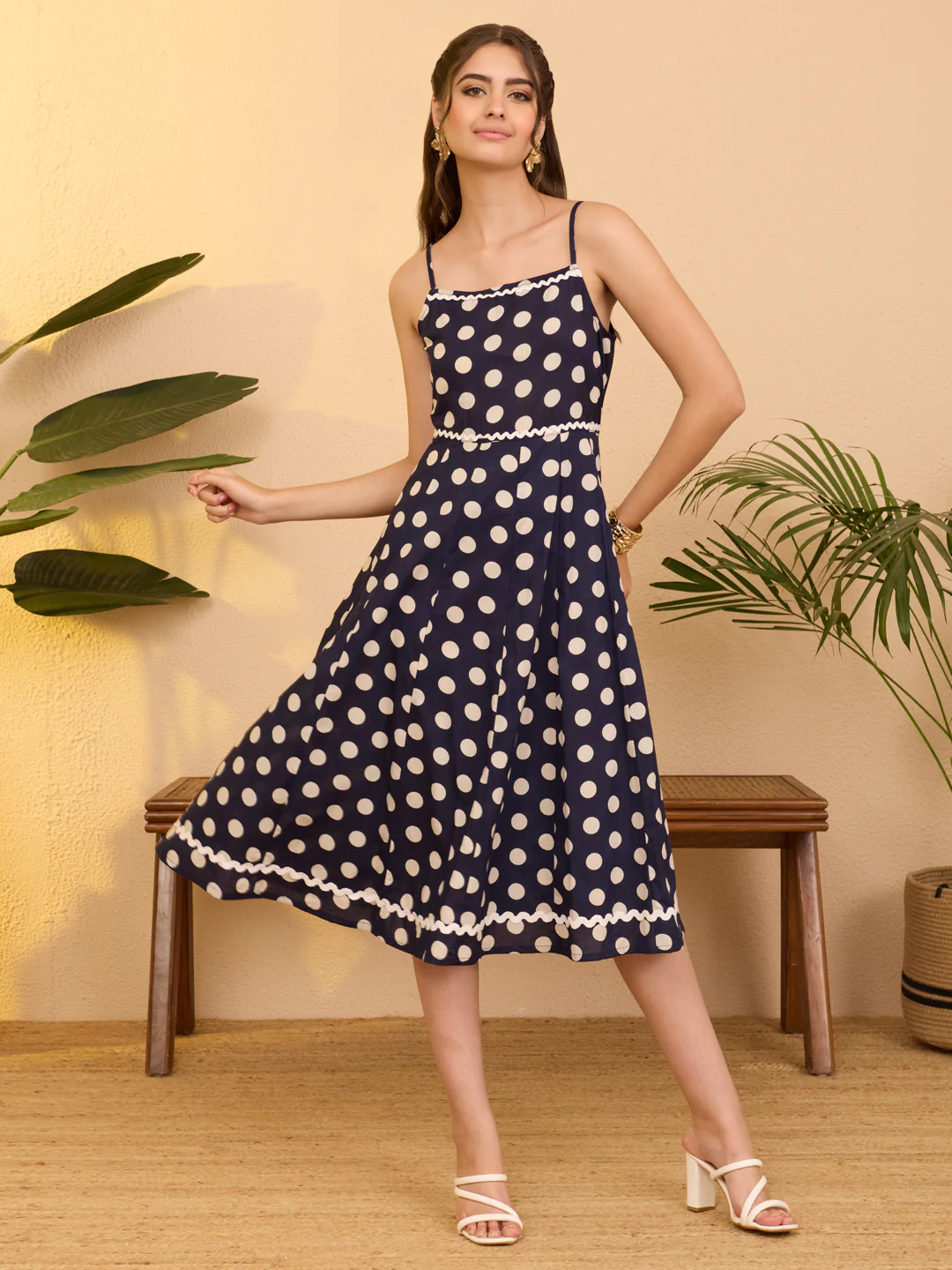 Janasya Women's Navy Blue Pure Cotton Polka Printed A-line Dress