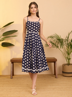 Janasya Women's Navy Blue Pure Cotton Polka Printed A-line Dress