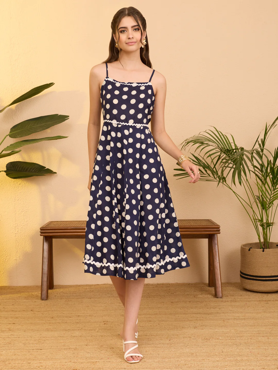 Janasya Women's Navy Blue Pure Cotton Polka Printed A-line Dress