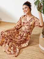 Janasya Women's Maroon Pure Cotton Floral Printed Flared Dress