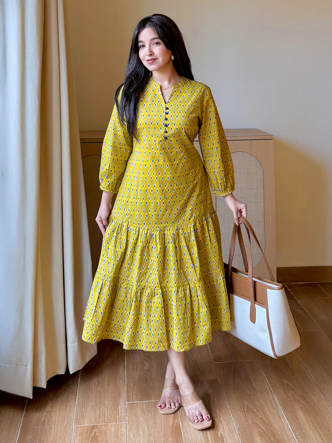 Janasya Women's Mustard Pure Cotton Ethnic Motif Printed Fit & Flare Dress