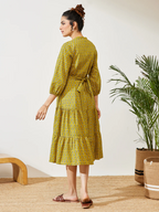 Janasya Women's Mustard Pure Cotton Ethnic Motif Printed Fit & Flare Dress