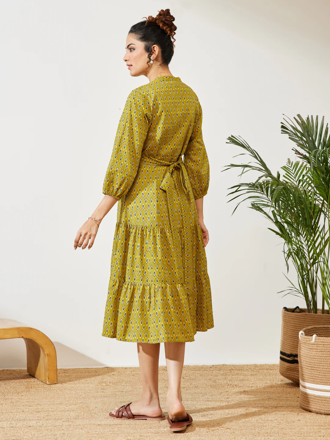 Janasya Women's Mustard Pure Cotton Ethnic Motif Printed Fit & Flare Dress