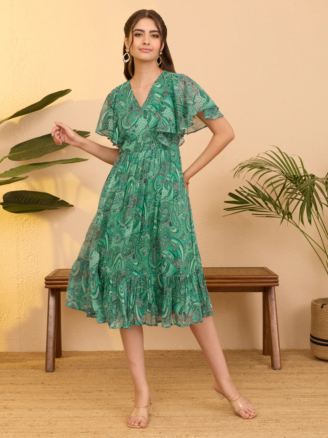 Janasya Women's Aqua Green Georgette Paisley Printed Flared Dress