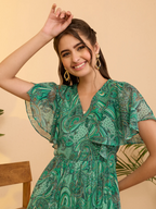 Janasya Women's Aqua Green Georgette Paisley Printed Flared Dress