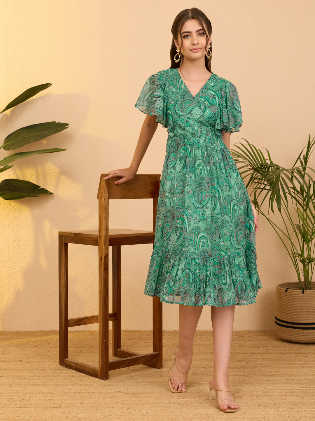 Janasya Women's Aqua Green Georgette Paisley Printed Flared Dress