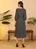 Janasya Women's Black Pure Cotton Polka Dot Printed Fit & Flare Dress