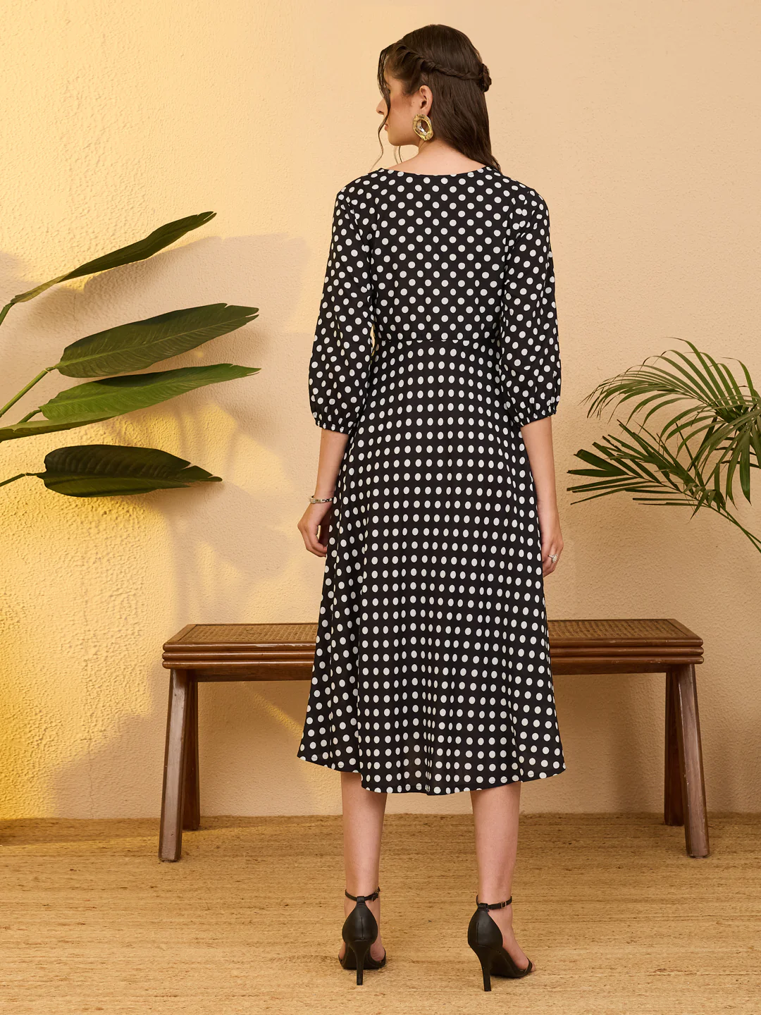 Janasya Women's Black Pure Cotton Polka Dot Printed Fit & Flare Dress