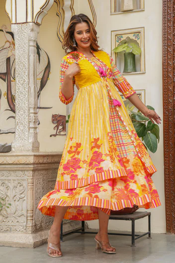 Mustard Layered Flared Dress With Inner with Sequins, Mirror Work, Dori, tassels.