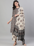 Women Black and White Three-Quarter Sleeves Printed Kurta-Palazzo with pockets Dupatta