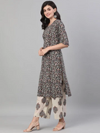 Women Black and White Three-Quarter Sleeves Printed Kurta-Palazzo with pockets Dupatta