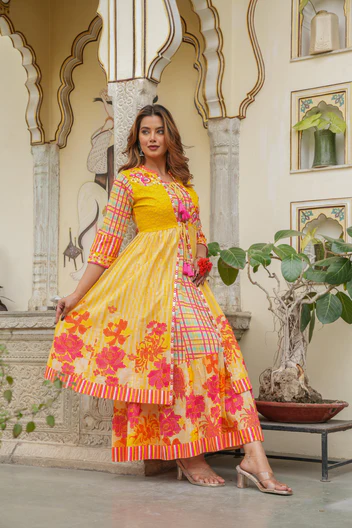 Mustard Layered Flared Dress With Inner with Sequins, Mirror Work, Dori, tassels.
