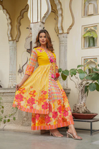 Mustard Layered Flared Dress With Inner with Sequins, Mirror Work, Dori, tassels.