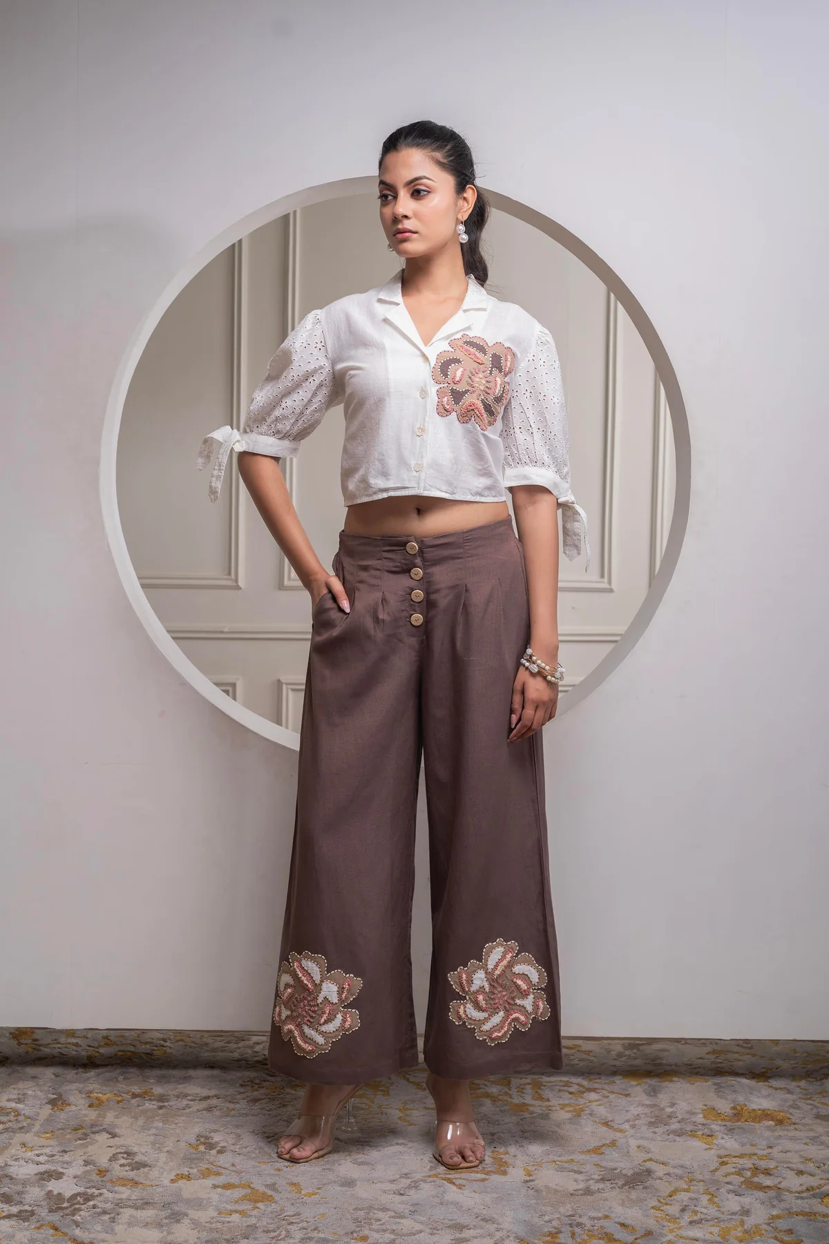 White & Brown Cotton-Viscose Embroidered Co-ord Set with Thread Work & Lace