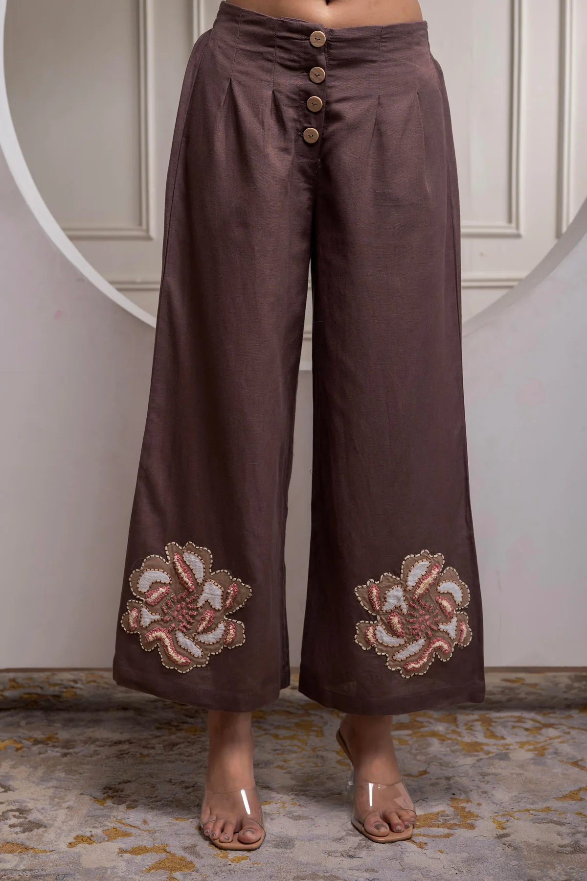 White & Brown Cotton-Viscose Embroidered Co-ord Set with Thread Work & Lace