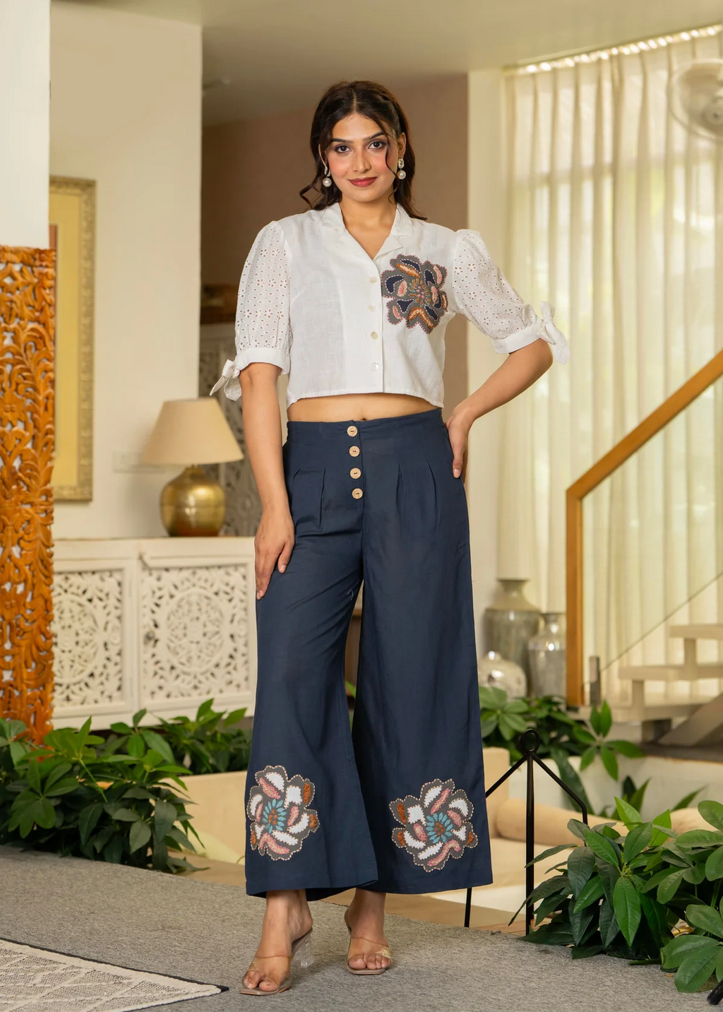 White & Teal Cotton-Viscose Embroidered Co-ord Set with Thread Work & Lace