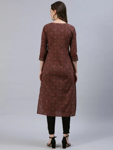 Women Maroon Printed Straight Kurta With Three Quarter Sleeves