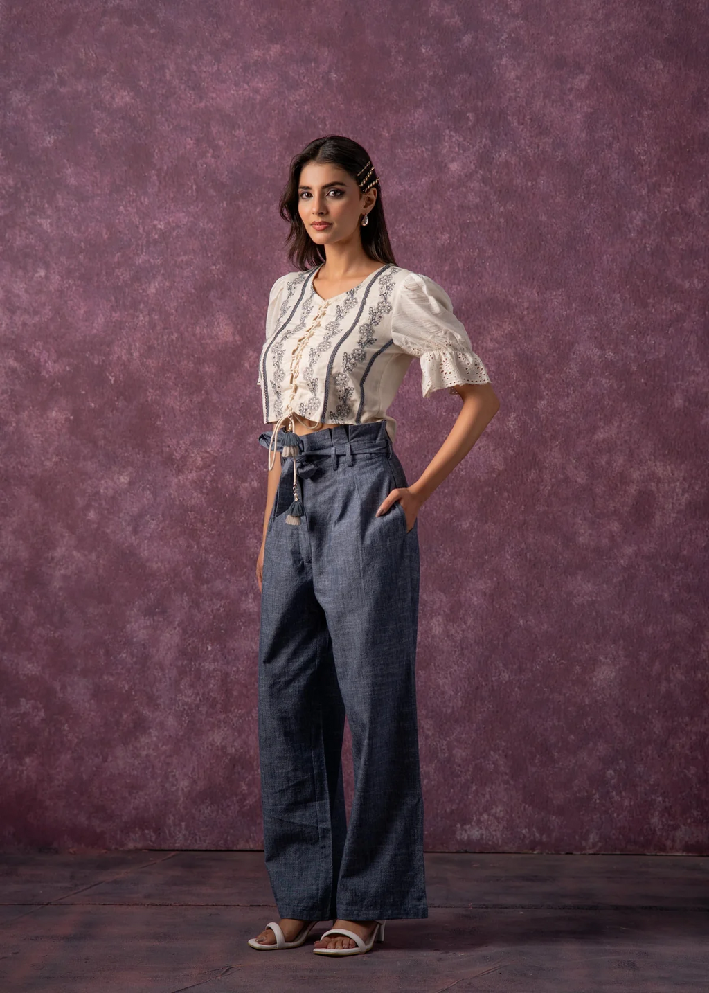 Women's Natural Solid Top with Pant Co-Ord Set with Thread Work