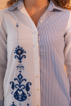 NavyBlue & White Divide Embroidered Panel Kurta Set