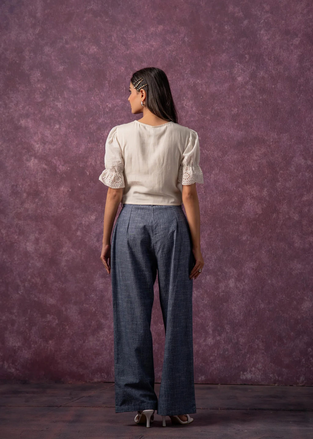Women's Natural Solid Top with Pant Co-Ord Set with Thread Work