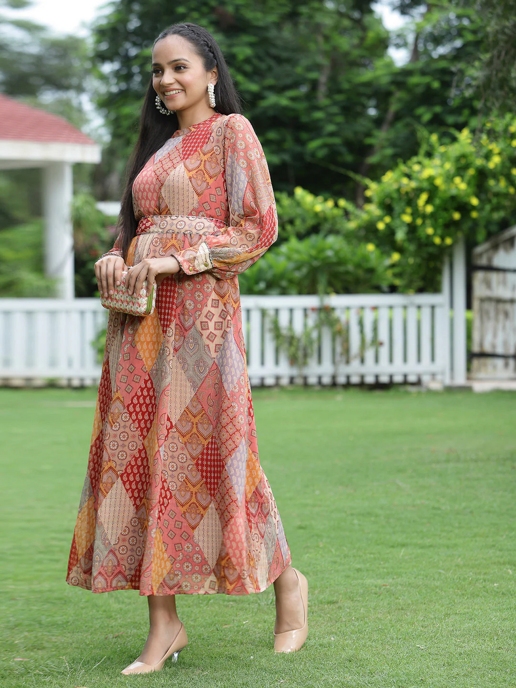 Juniper Peach Geometric Printed Chiffon Maxi Dress with Sequins Work