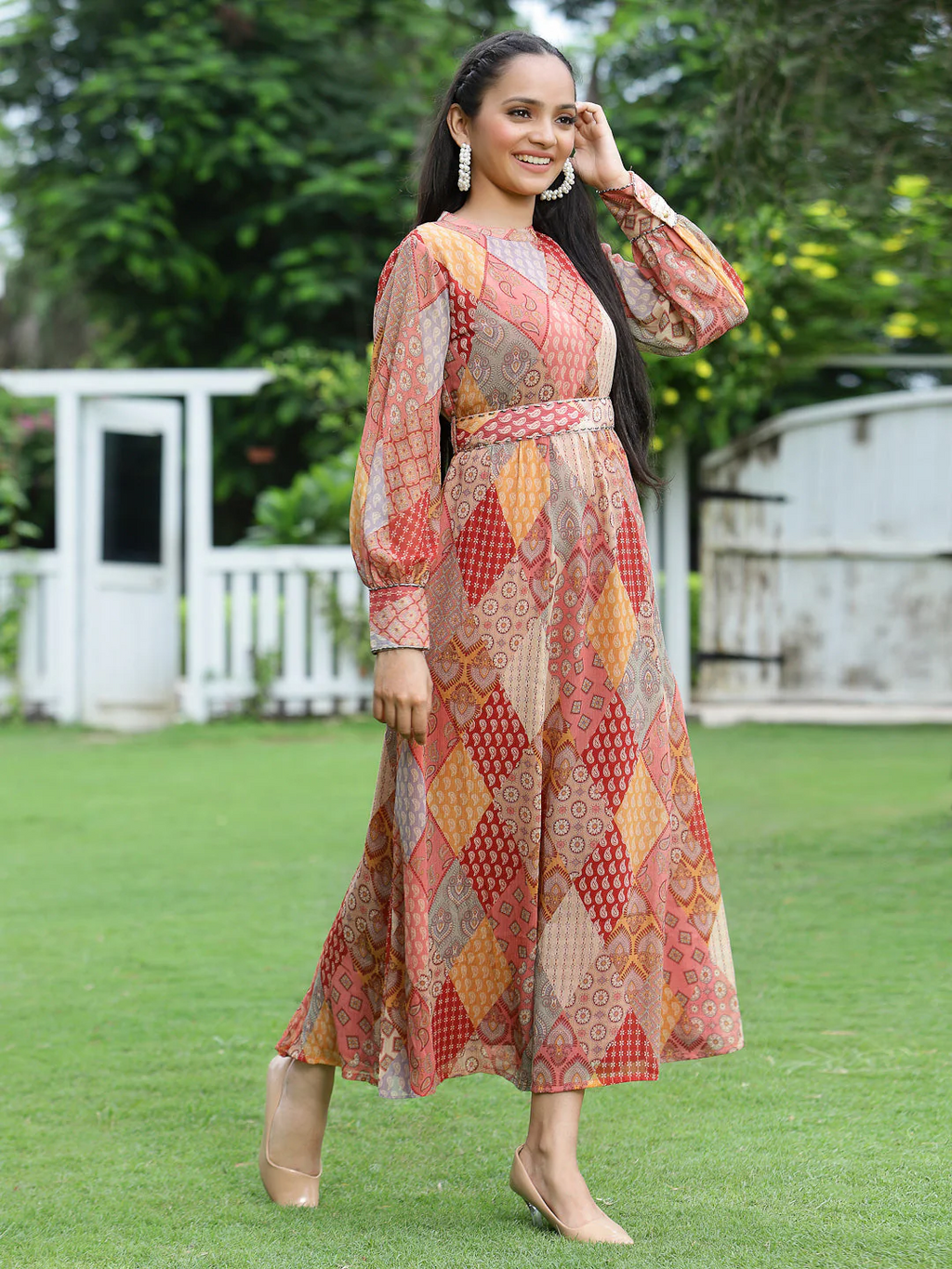 Juniper Peach Geometric Printed Chiffon Maxi Dress with Sequins Work