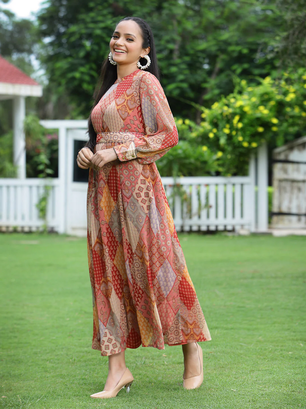 Juniper Peach Geometric Printed Chiffon Maxi Dress with Sequins Work