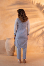 NavyBlue & White Divide Embroidered Panel Kurta Set