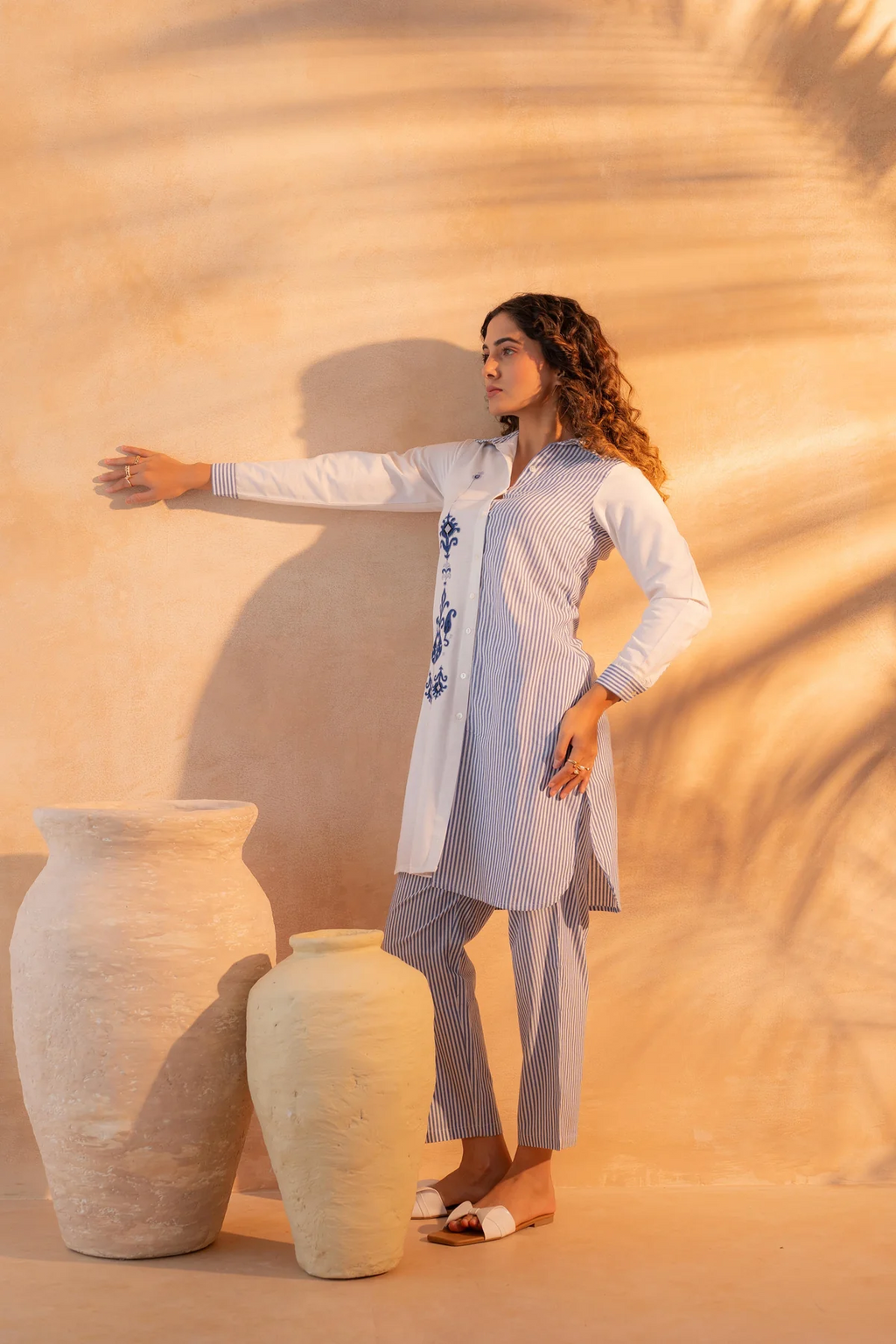NavyBlue & White Divide Embroidered Panel Kurta Set