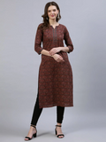 Women Maroon Printed Straight Kurta With Three Quarter Sleeves