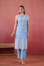 Sky Blue Cotton Embroidered Designer Kurta Pant Set