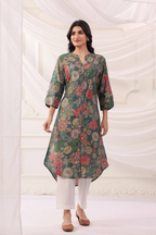 Green Poly Silk Floral Printed A-Line Kurta
