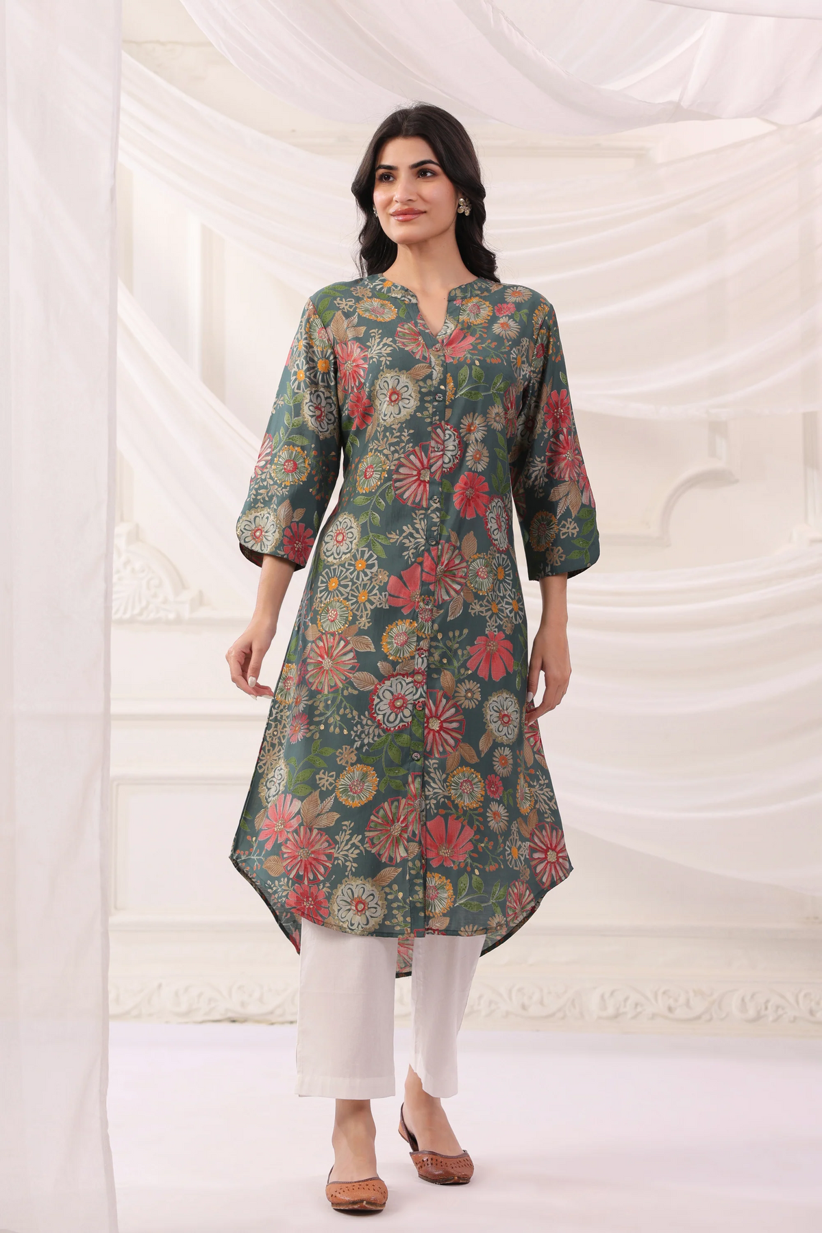 Green Poly Silk Floral Printed A-Line Kurta