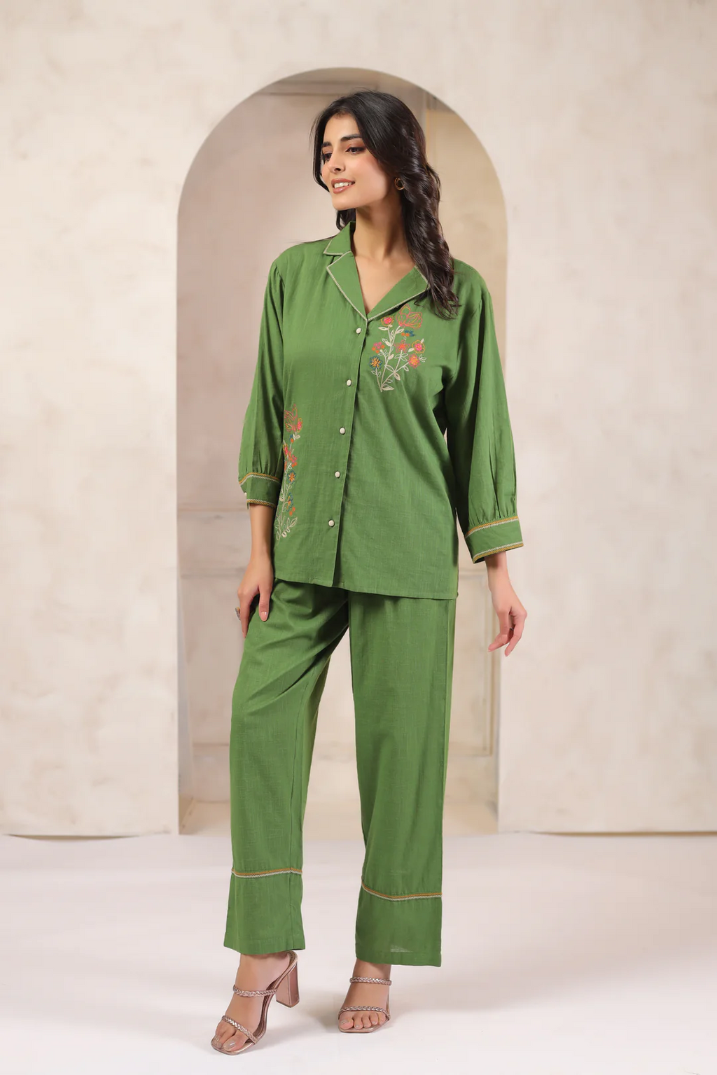 Green Cotton Embroidered Co-Ord Set