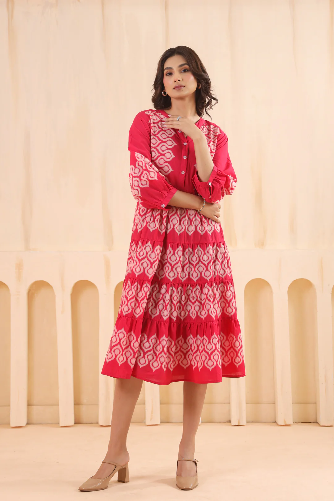 Pink Cotton Embroidered Designer Flared Dress