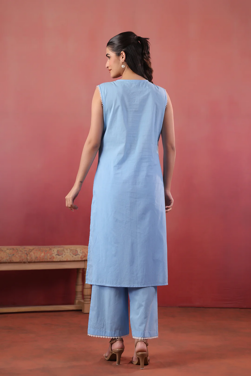 Sky Blue Cotton Embroidered Designer Kurta Pant Set
