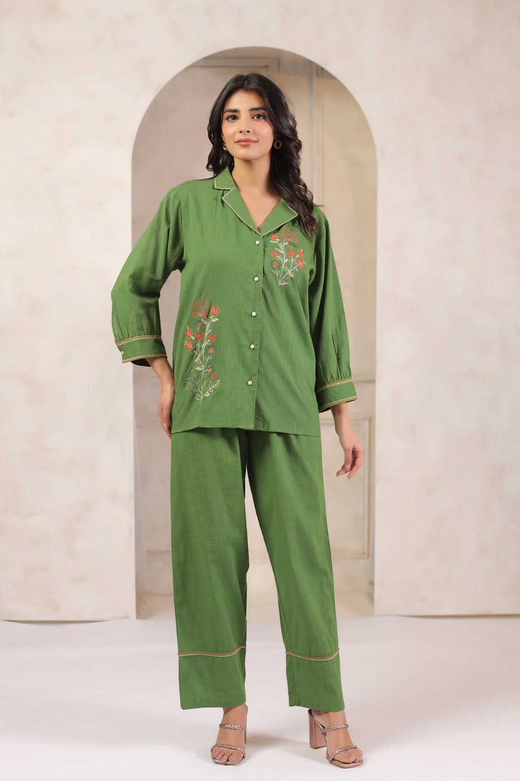 Green Cotton Embroidered Co-Ord Set