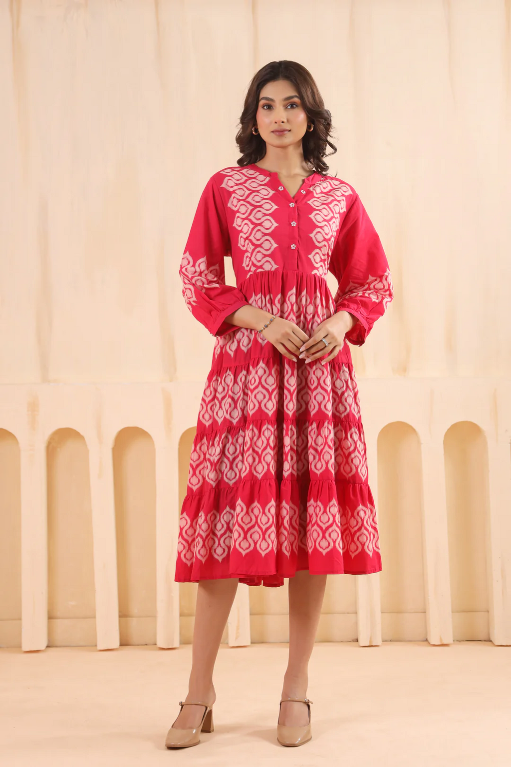 Pink Cotton Embroidered Designer Flared Dress
