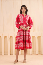Pink Cotton Embroidered Designer Flared Dress
