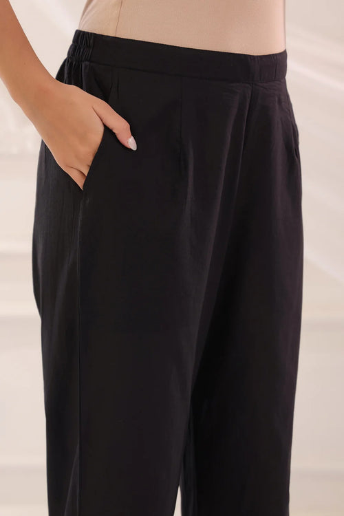 Black Cotton Solid Straight Pant