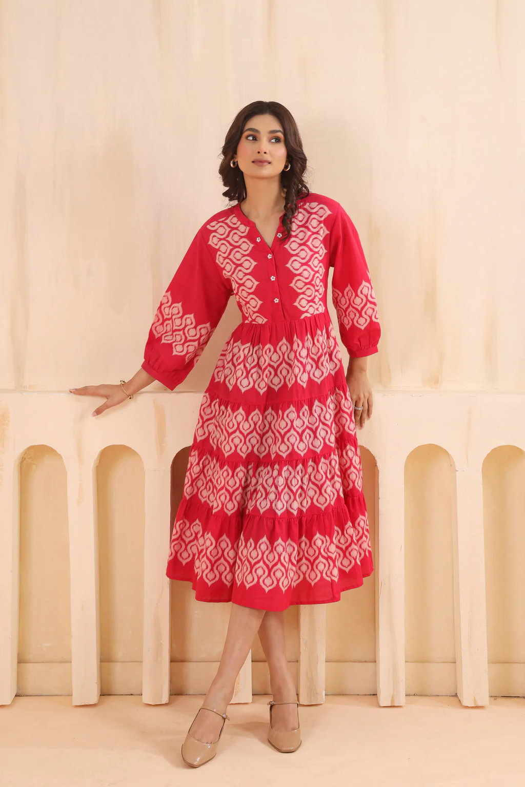 Pink Cotton Embroidered Designer Flared Dress