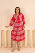 Pink Cotton Embroidered Designer Flared Dress