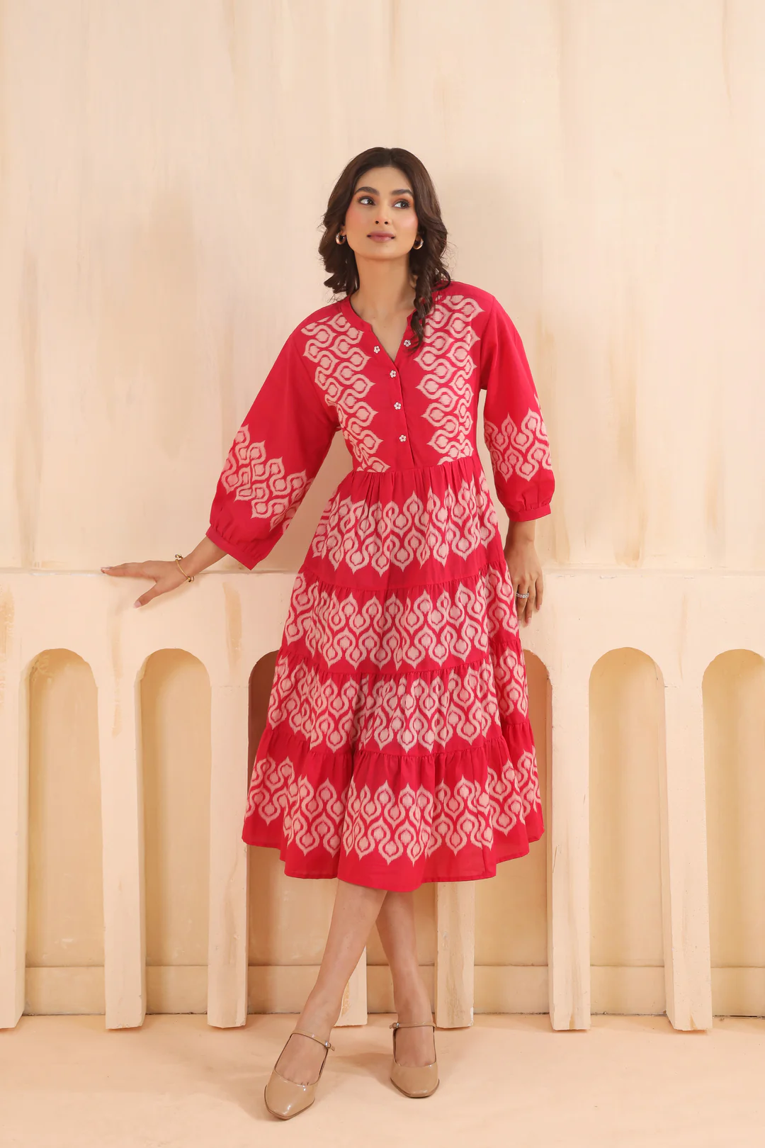 Pink Cotton Embroidered Designer Flared Dress