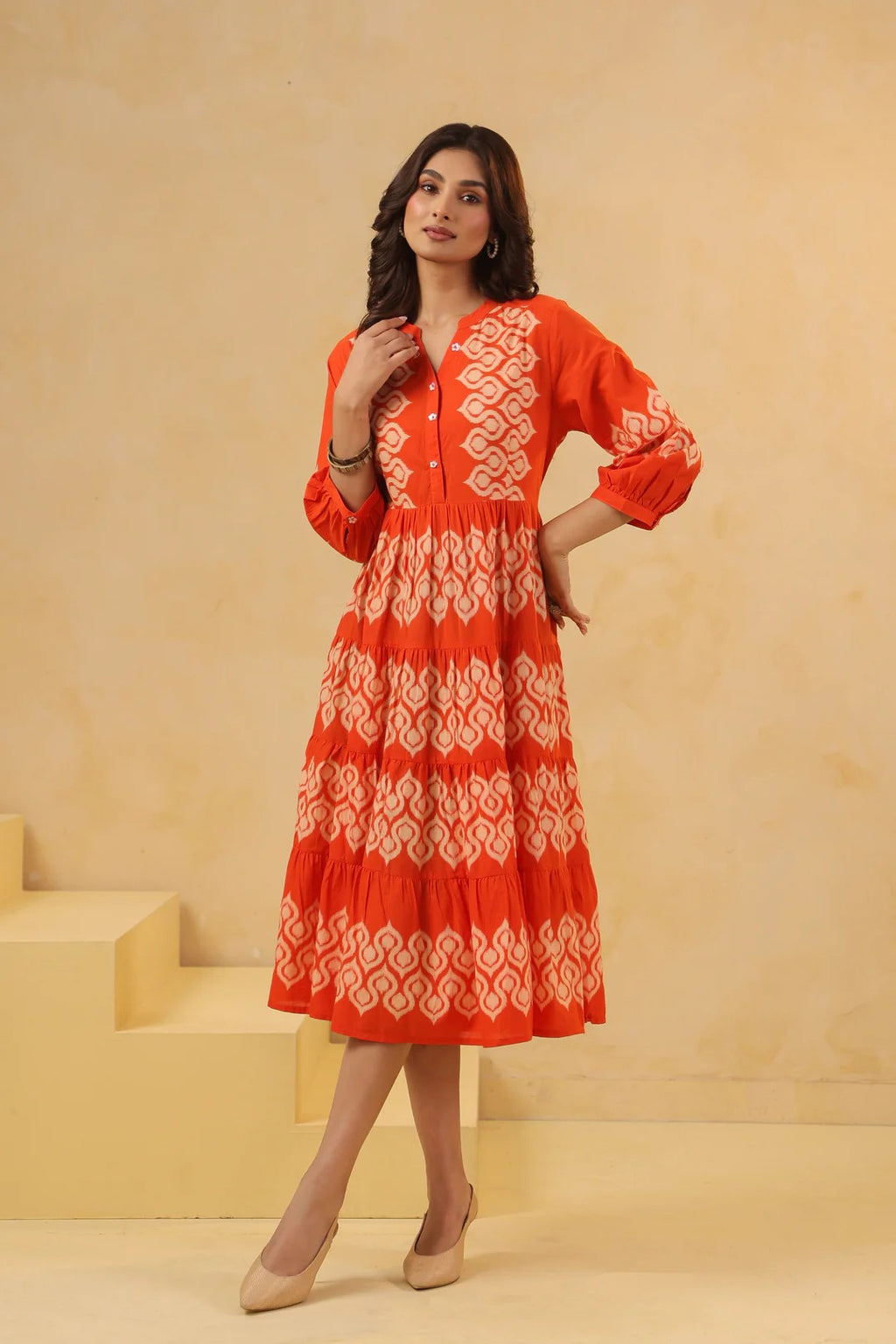 Orange Cotton Printed Designer Flared Dress